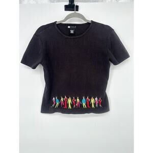 Carole Little Black Top Short Sleeve Size Large Embroidered Cool Party People